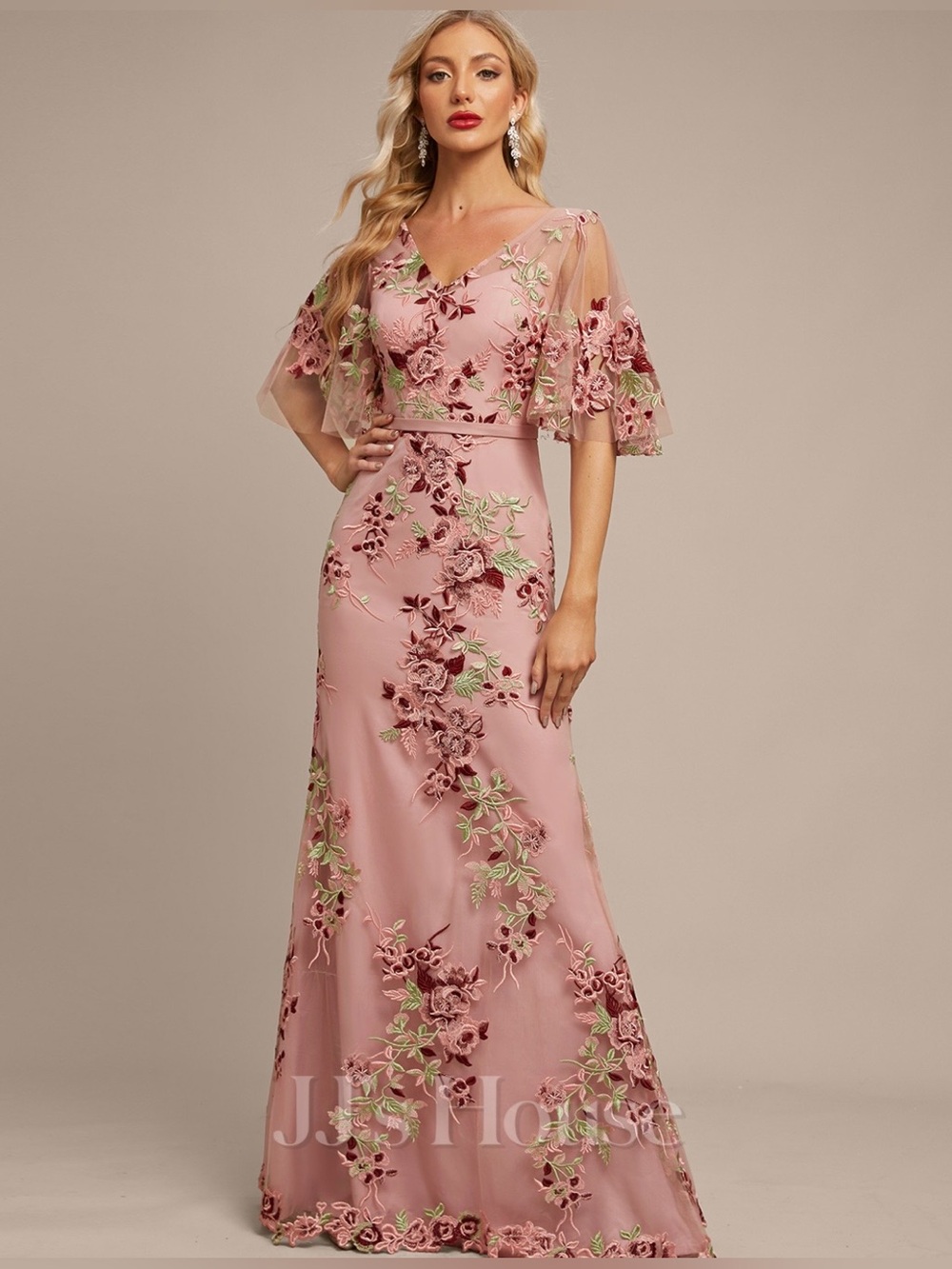 NWT JJs House Sheath Column V-Neck Lace Floral Evening Dress Size 8